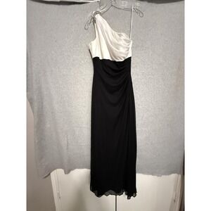Colorblock Maxi Dress Womens Small Black White One Shoulder Rhinestone Chiffon